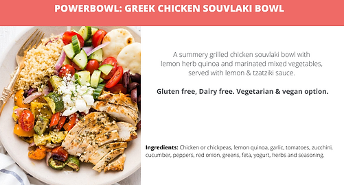 Greek Chicken Souvlaki Bowl- ingredients list menu option for yoga on the water class