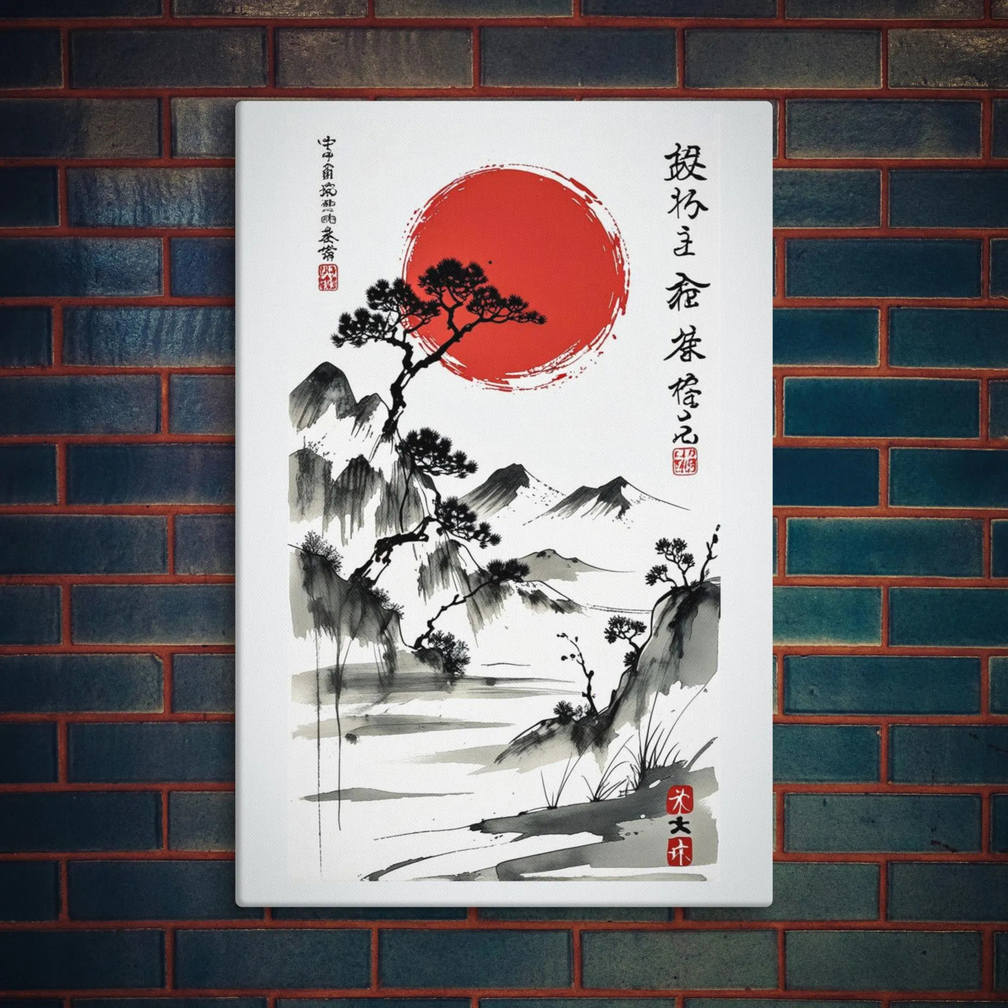 Zen Nature Decor: Sumi-e Ink Wash Landscape Canvas - Framed & Unframed