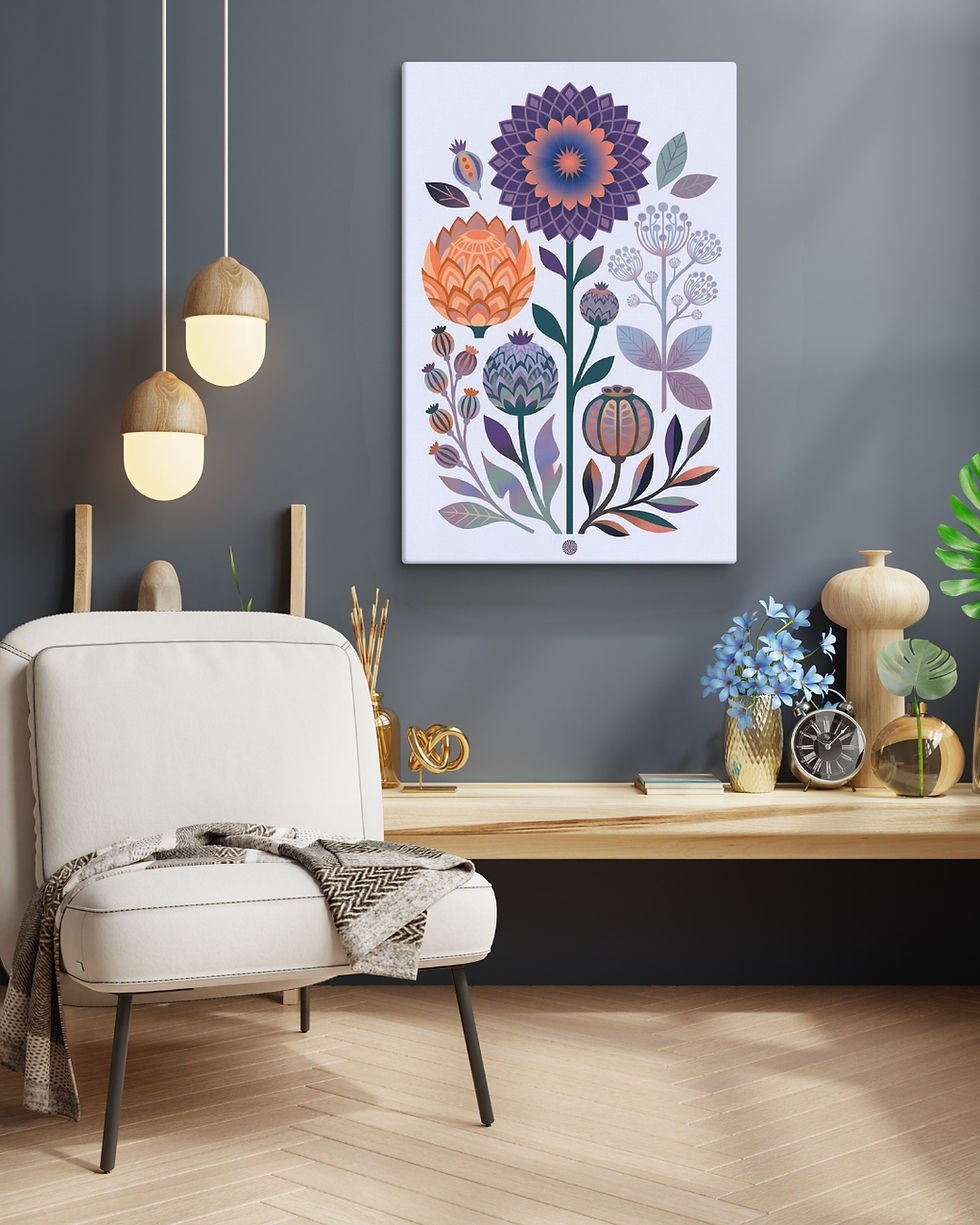 Thumbnail: Midnight Bloom | Indigo Folk Art Canvas Print - Scandinavian Botanical Wall Art
