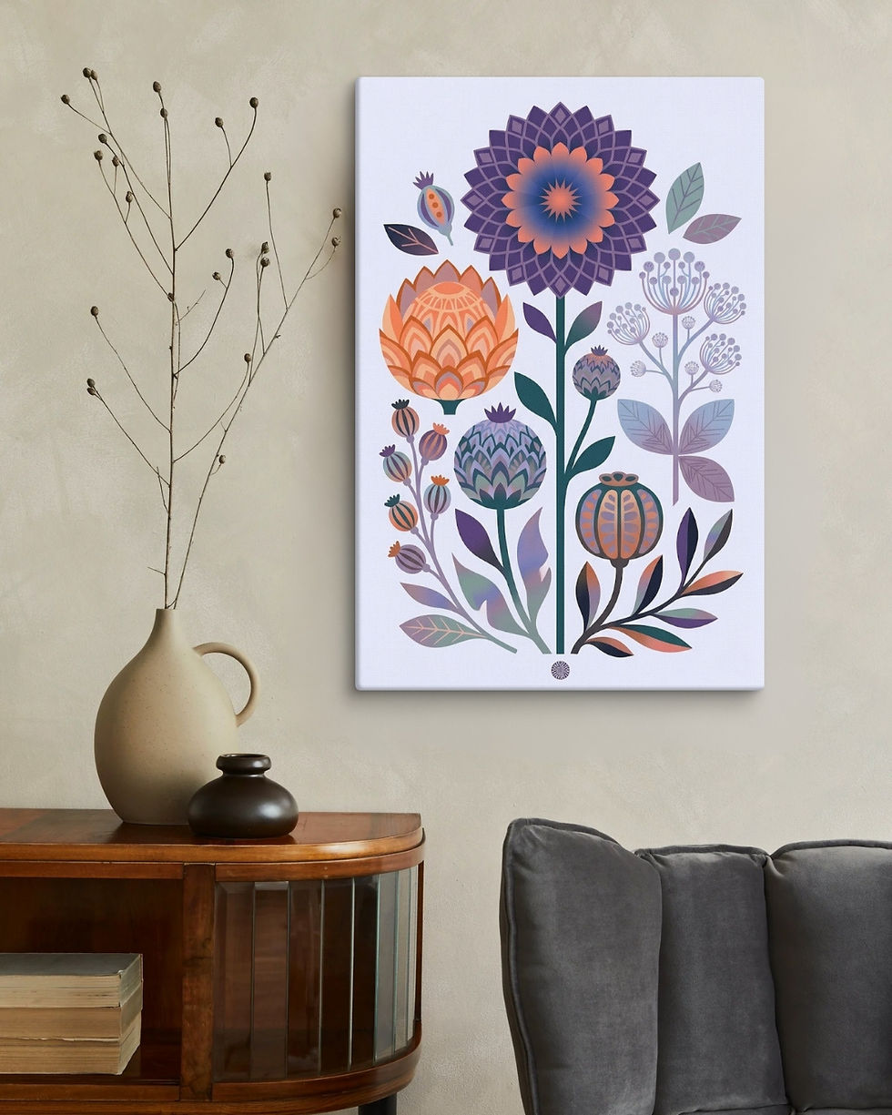 Thumbnail: Midnight Bloom | Indigo Folk Art Canvas Print - Scandinavian Botanical Wall Art