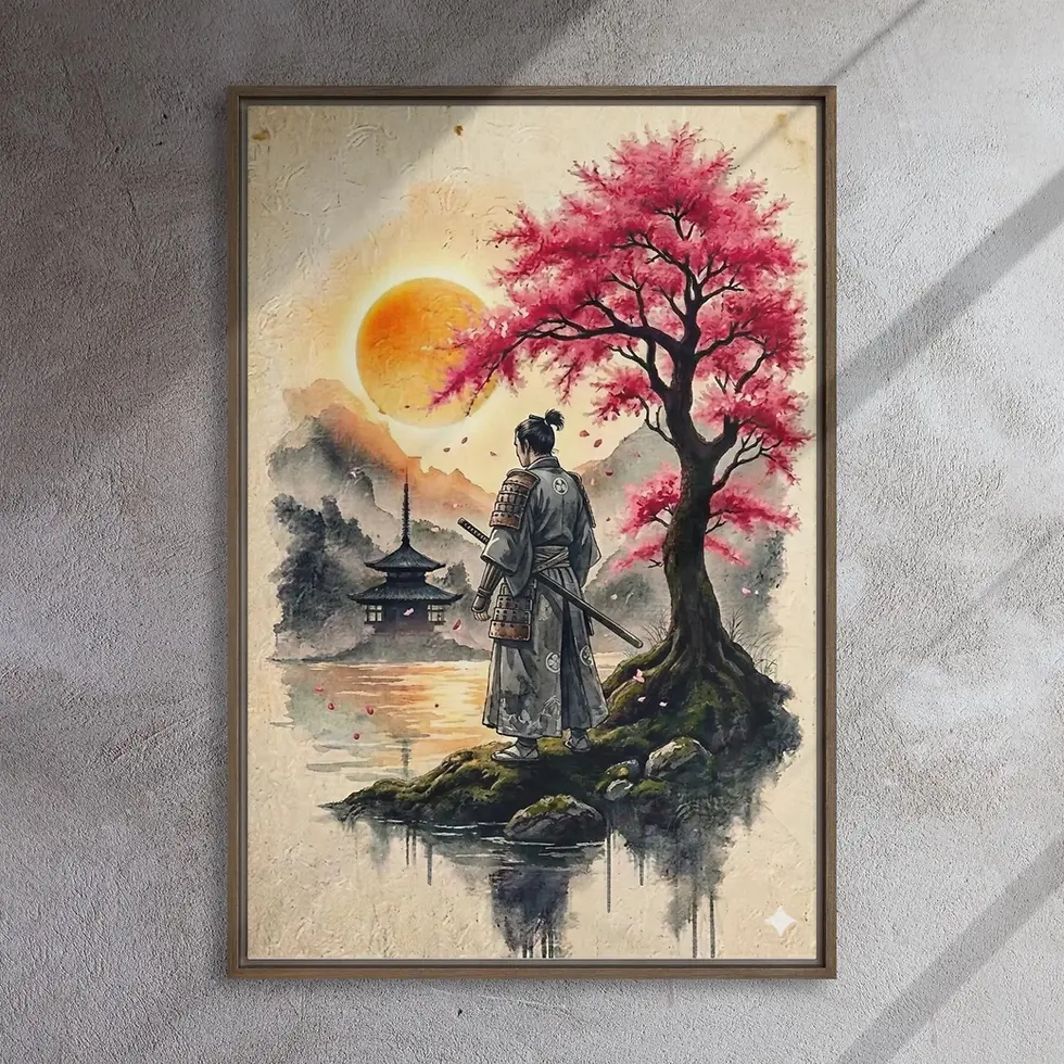 Thumbnail: Samurai & Sakura Watercolor Art - The Ronin’s Reflection -  Frame and Unframed