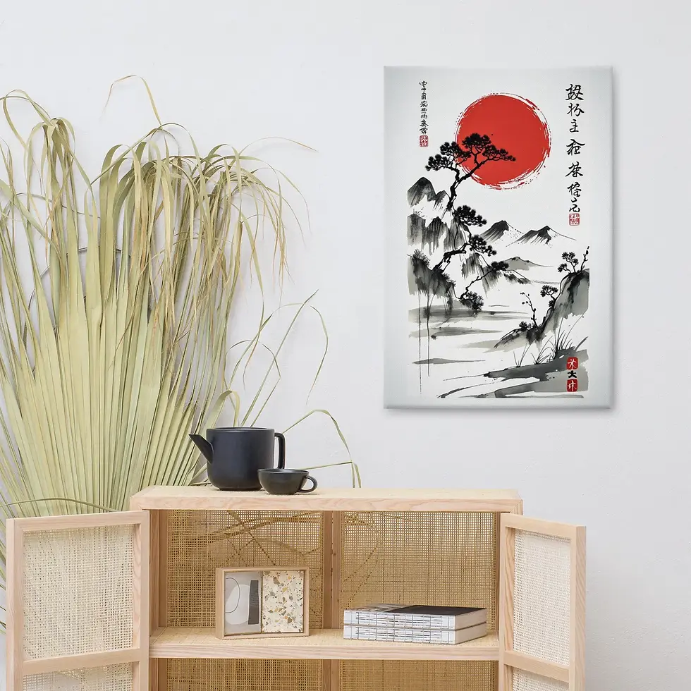 Thumbnail: Zen Nature Decor: Sumi-e Ink Wash Landscape Canvas - Framed & Unframed