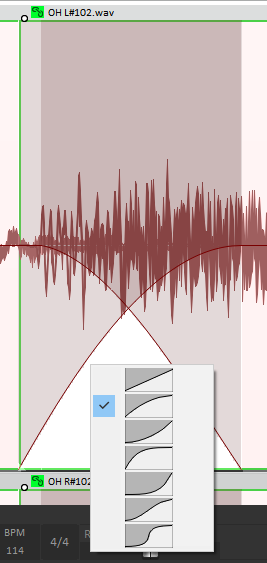 Reaper right click the crossfade curve to change shape