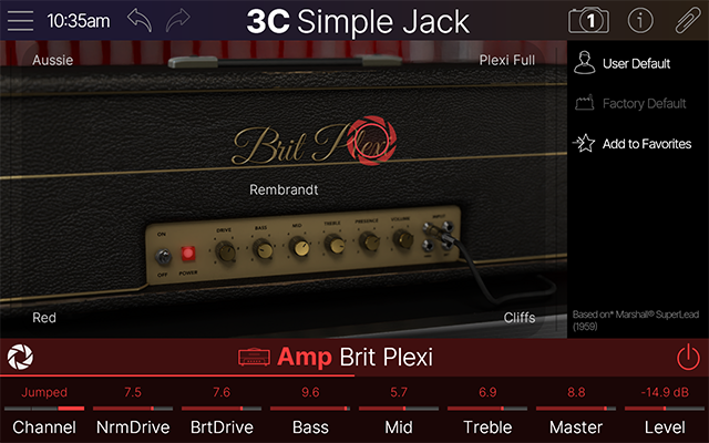 Amp Focus View. Tonal variations are mapped around the screen, so you can find a sound fast without learning every parameter first.