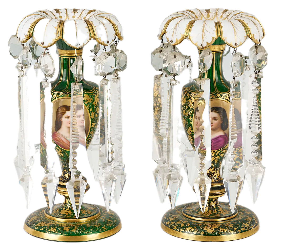 Pair of Green Portrait Glass Lustres