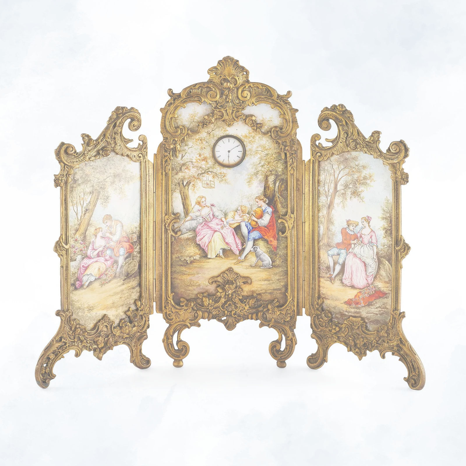 Austrian Enamel and Gilt Metal Timepiece Table Screen