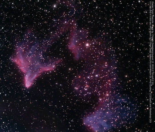 IC 59 and IC 63 are a combination of emission and reflection nebulae.   The blue reflection portion of the nebulosity is illuminated by the light of Gamma Cassiopeiae.