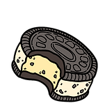 Illustration of a sandwich cookie with dark brown biscuits and light yellow cream filling with chocolate chips.