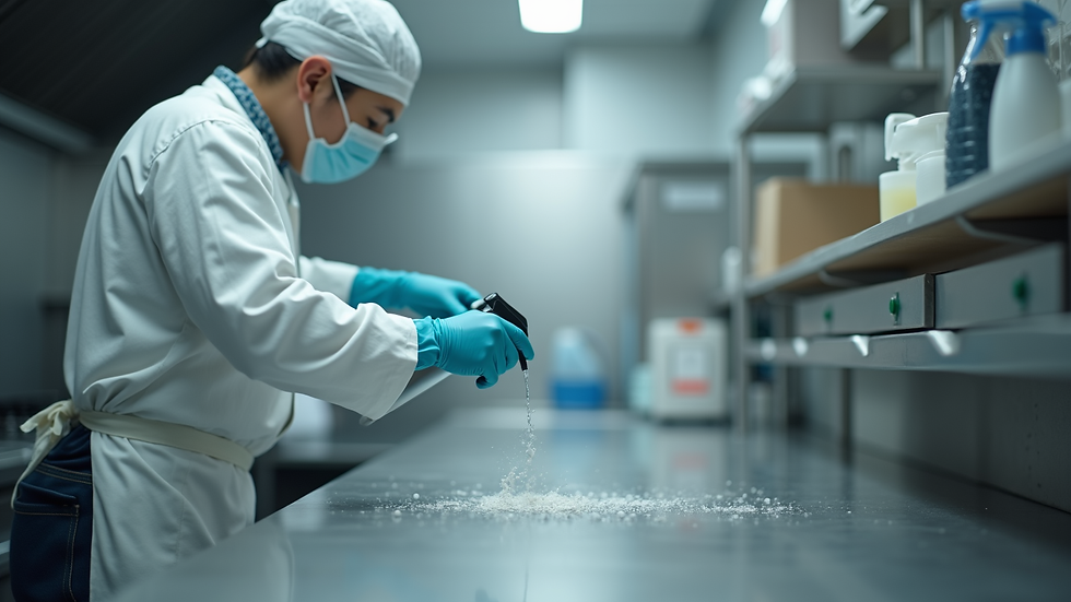 Close-up view of a cleaning professional applying disinfectant in a commercial kitchen