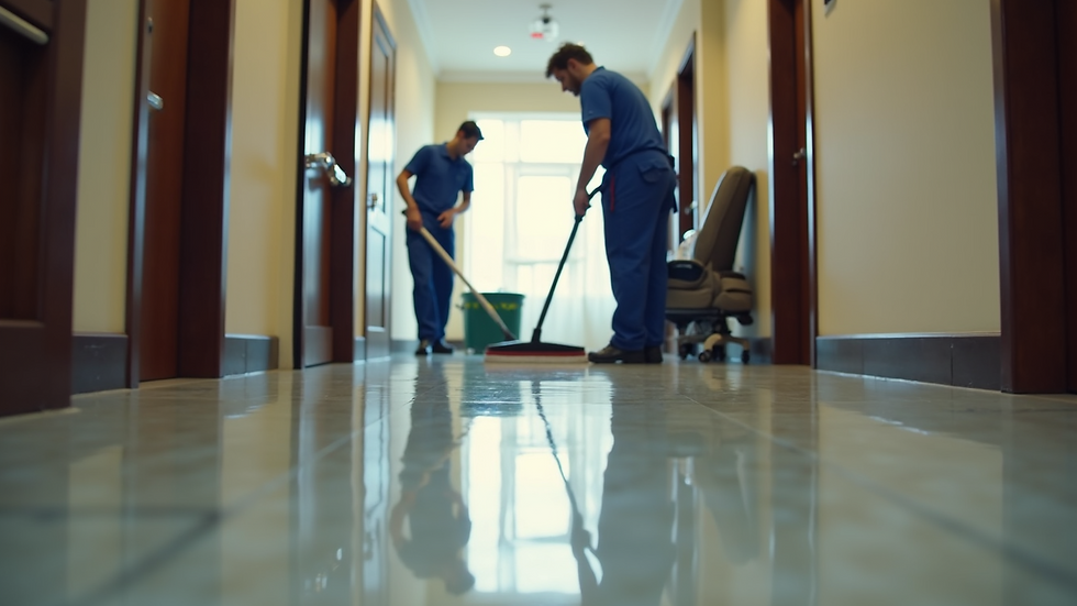 High angle view of a commercial cleaning team performing floor maintenance in a hotel corridor