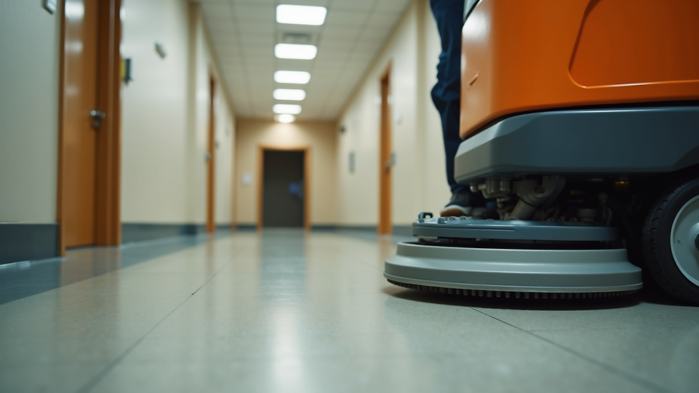 Close-up view of an automated floor scrubber in operation on a hotel corridor