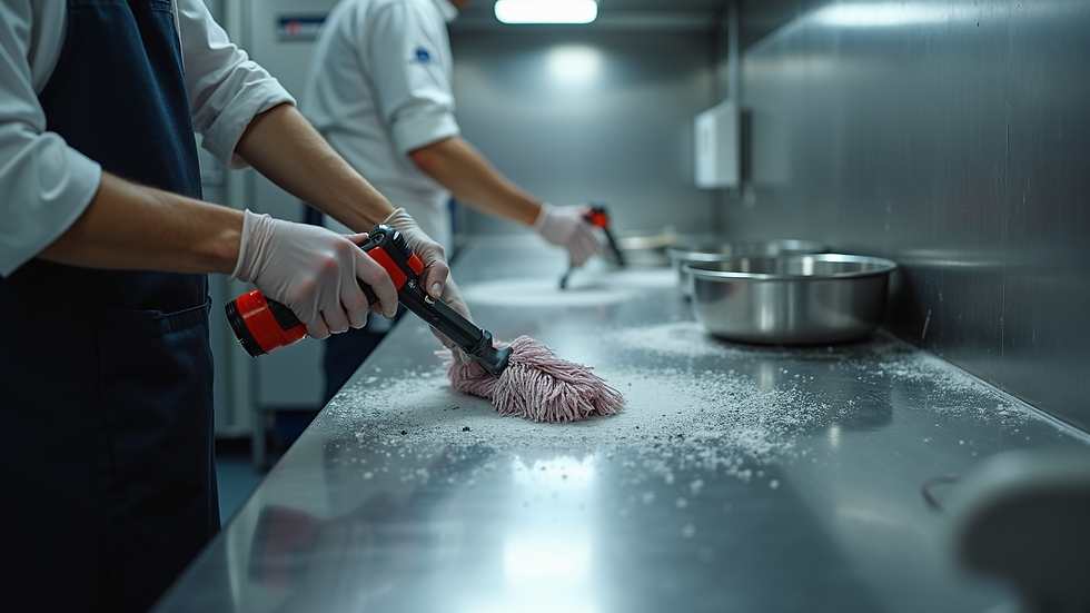 High angle view of a commercial kitchen with stainless steel surfaces being cleaned