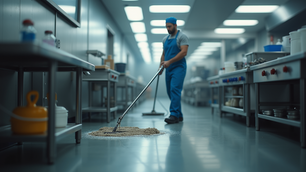 High angle view of a commercial kitchen being cleaned with professional equipment