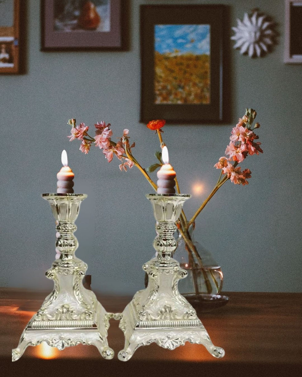 Elegant Silver Plated Twin Candle Stand white