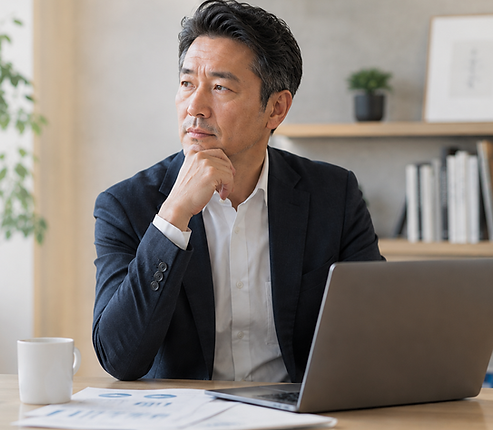 オフィスで考え事をする男性経営者イメージ画像