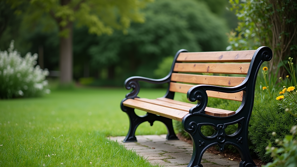 High angle view of a peaceful garden bench surrounded by greenery