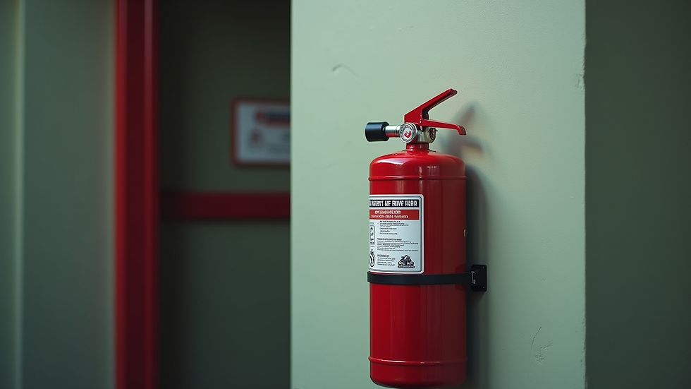 Eye-level view of a fire extinguisher mounted on a wall