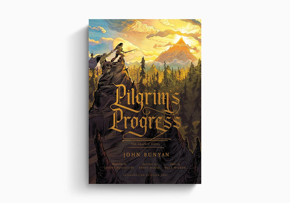 Book cover for Pilgrim’s Progress: a swordsman on a rocky cliff above a forest at sunrise, with John Bunyan title text.