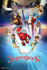 Superbook poster with anime children and a red robot in action, giant face looming above, blue sky background, title Superbook visible
