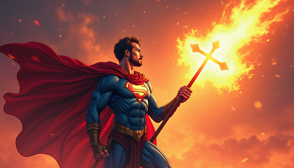 a man wearing a cape as a superhero with a cross in his hand set on fire