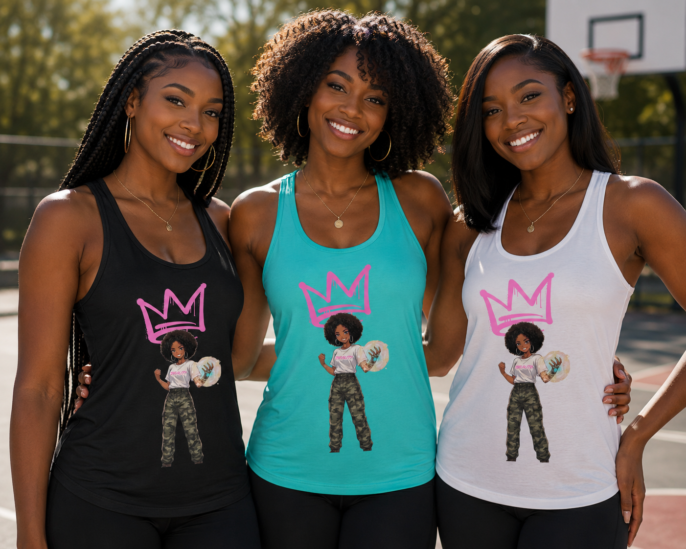 three black women wearing beauty afro anime girl tank tops