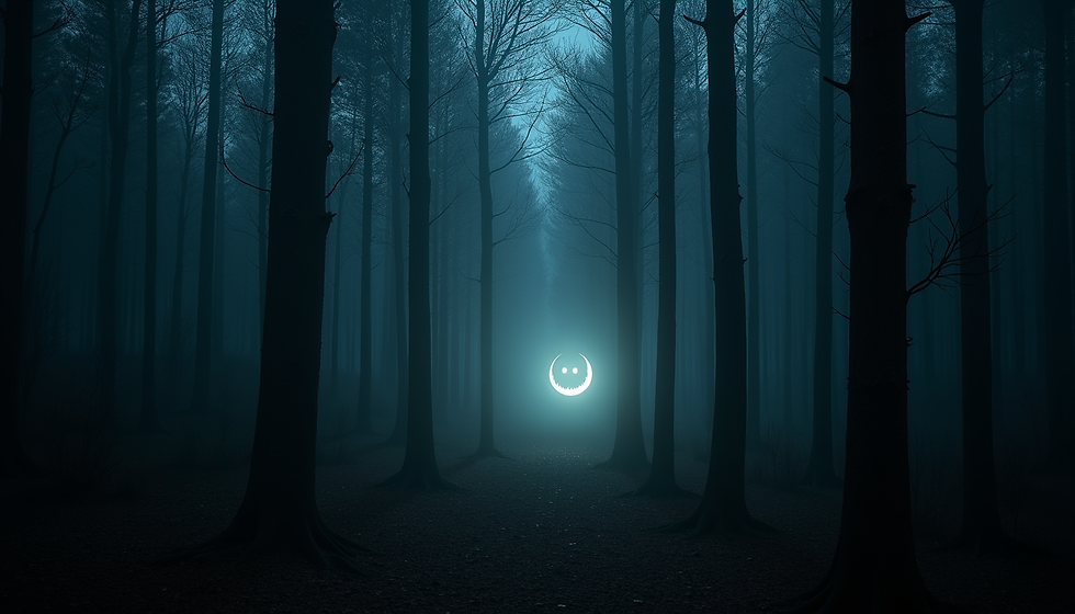 Eye-level view of a dark forest with glowing supernatural symbols