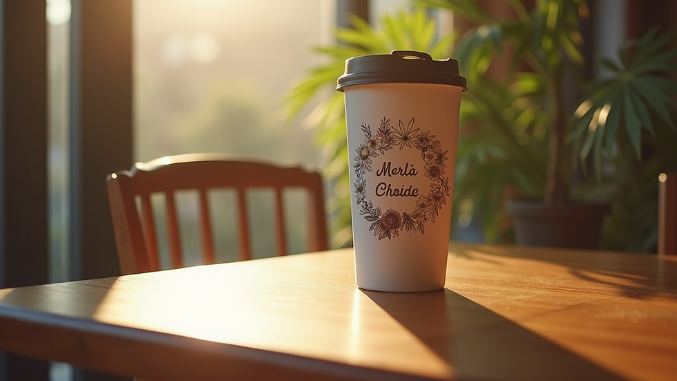 Close-up view of a personalized tumbler with a floral design on a wooden table