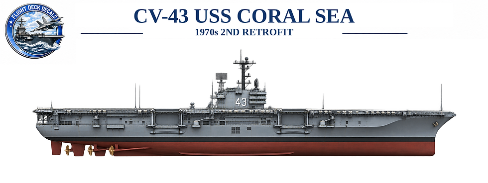 USS Coral Sea CV-43 aircraft carrier profile reference for its 1970s second retrofit, accompanying 1:3000 deck decals.