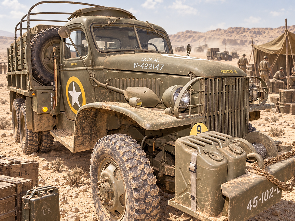 WWII US military truck bearing a white star in a yellow circle, marking reference