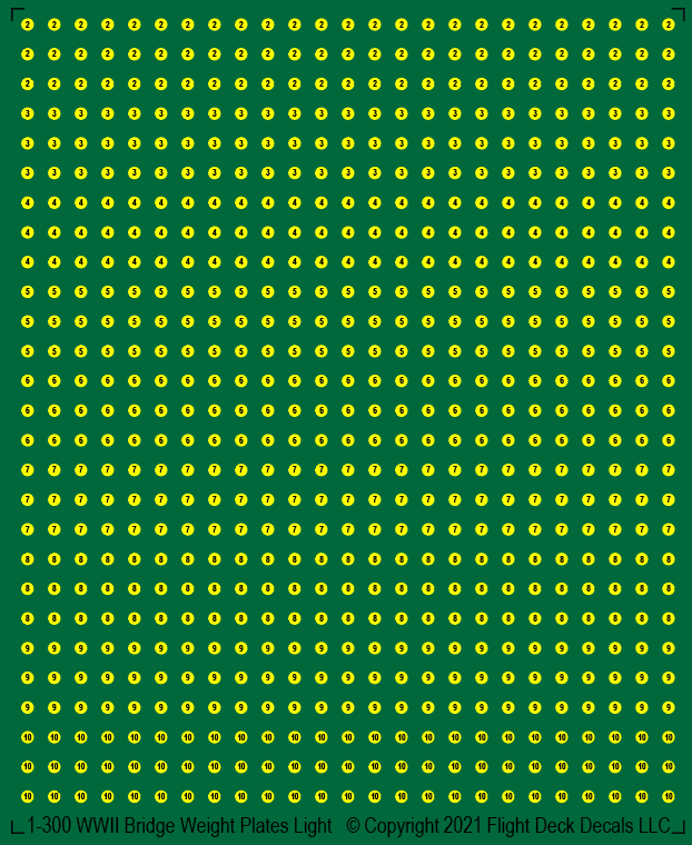 1-300 scale WWII Allied light vehicle waterslide decal sheet with yellow bridge classification plates numbered 2 through 9