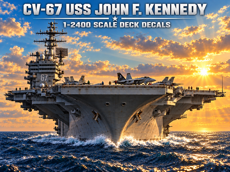 USS John F. Kennedy CV-67 aircraft carrier at sea with aircraft on deck, pictured for 1-2400 scale deck decals