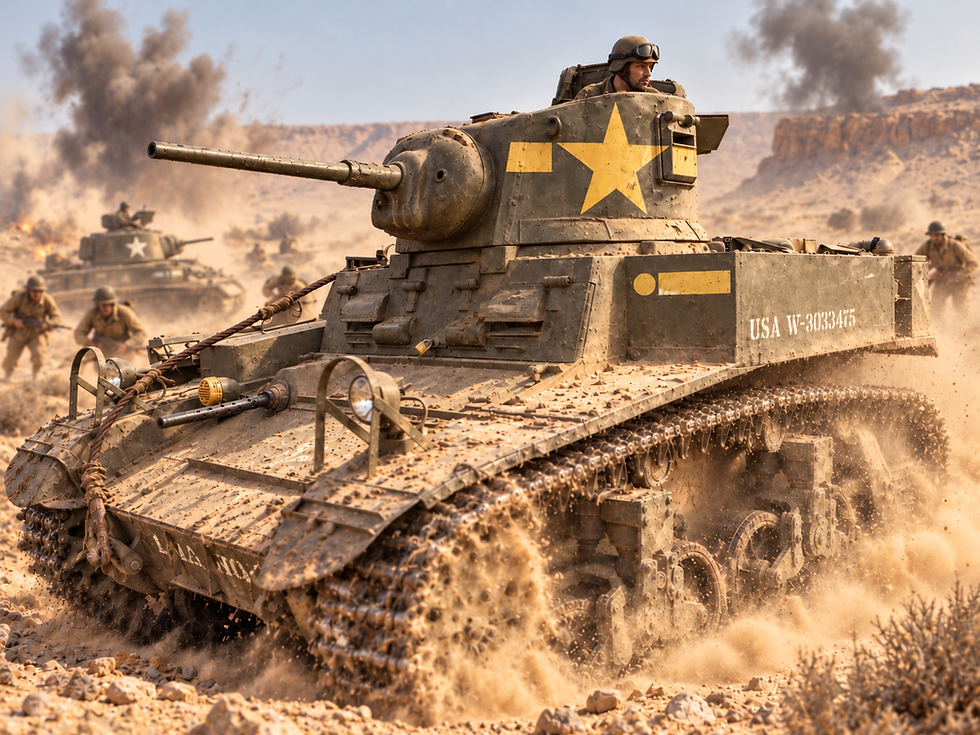 WWII US 1st Armored Regiment tank with yellow star markings, reference photo