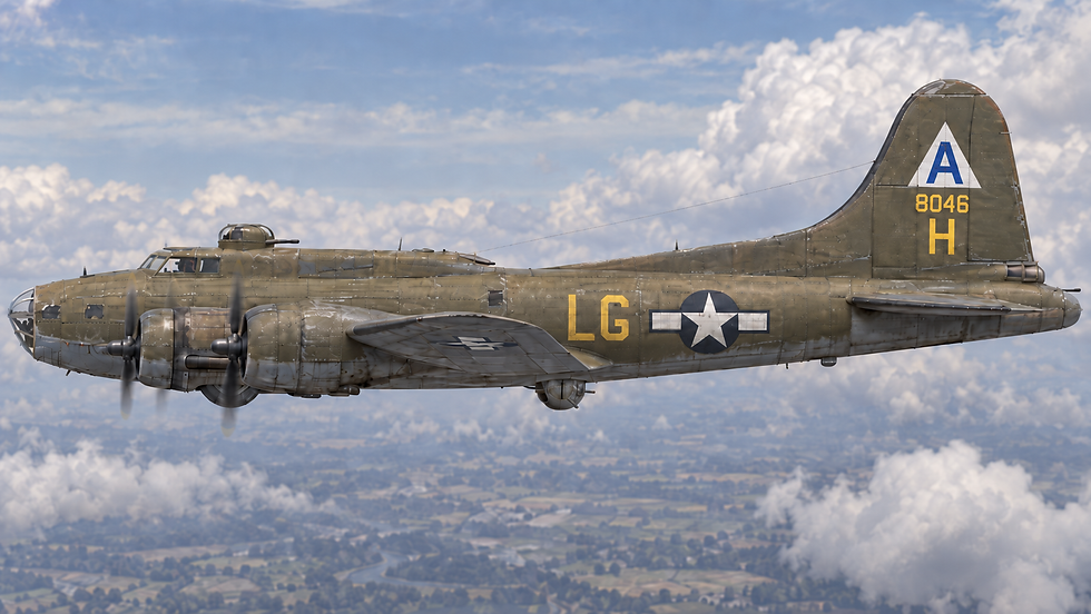 Illustrated olive drab B-17 aircraft with yellow LG code and white A triangle tail