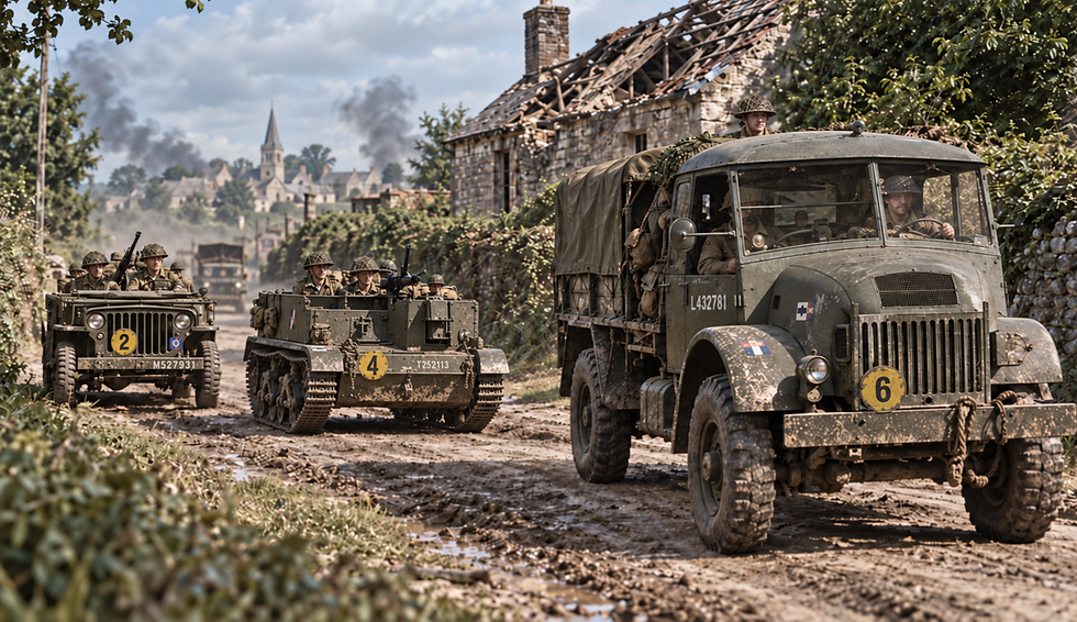 WWII Allied light vehicles on a muddy road with yellow bridge weight plates, illustration for 1-300 scale vehicle marking dec