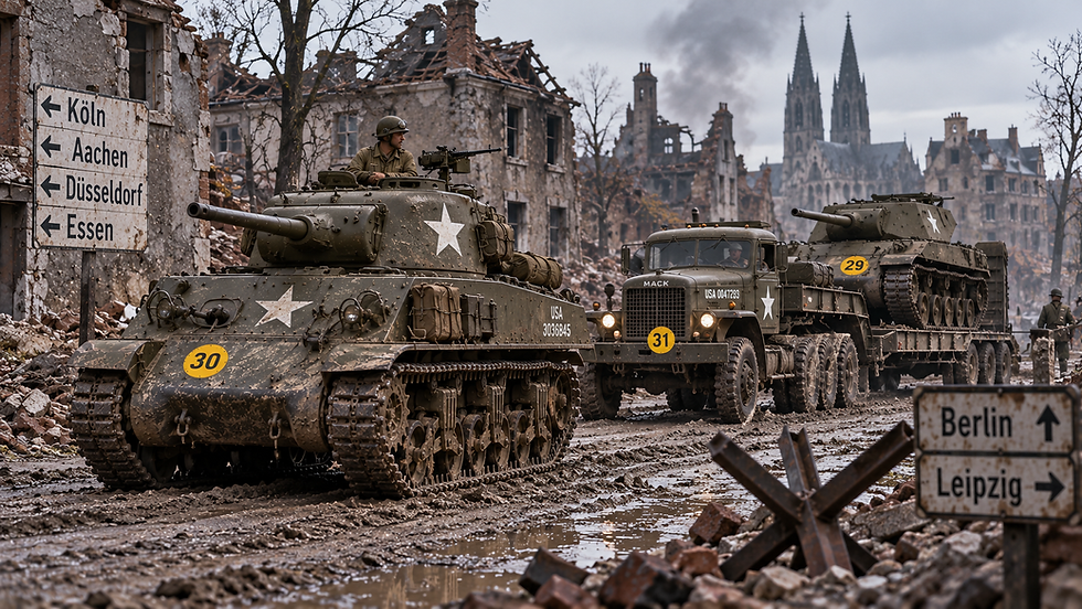 1-300 WWII Bridge Weight Plates — Heavy Tank Decals: WWII tanks with yellow bridge weight plates in ruins.