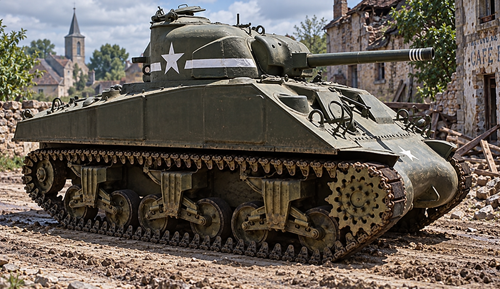 WWII USA white star and stripe tank markings 6mm armor decals on a Sherman tank in a ruined village — 1-300 scale