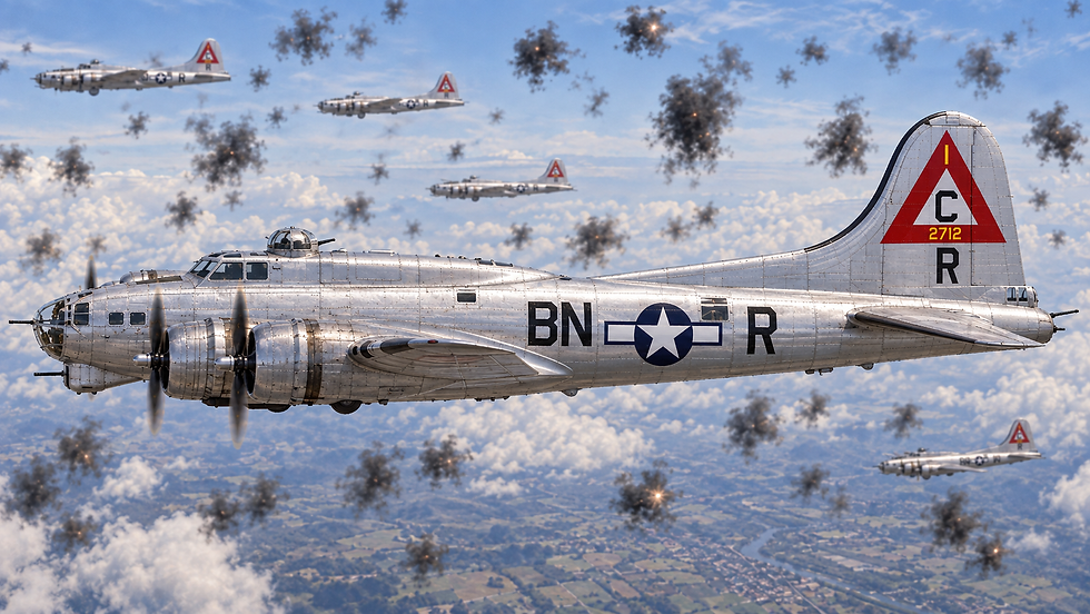 Illustrated silver B-17 aircraft with BN codes, R letter and red C triangle