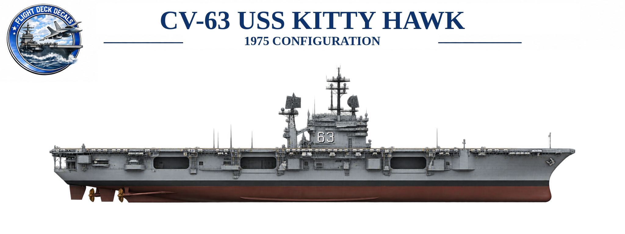 USS Kitty Hawk CV-63 aircraft carrier profile in 1975 configuration for 1:3000 naval model decals