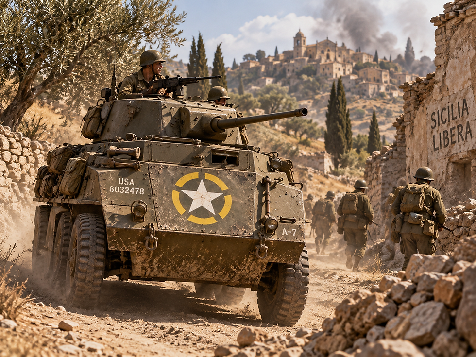 WWII USA white star in broken yellow circle markings on an M8 armored car in Sicily. — 1-300 scale