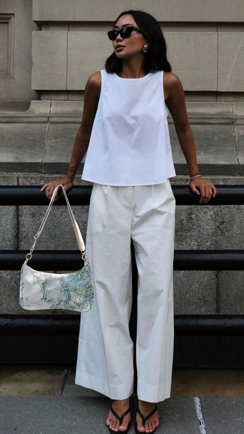 Look minimaliste monochrome blanc avec un sac baguette en toile de jouy vert