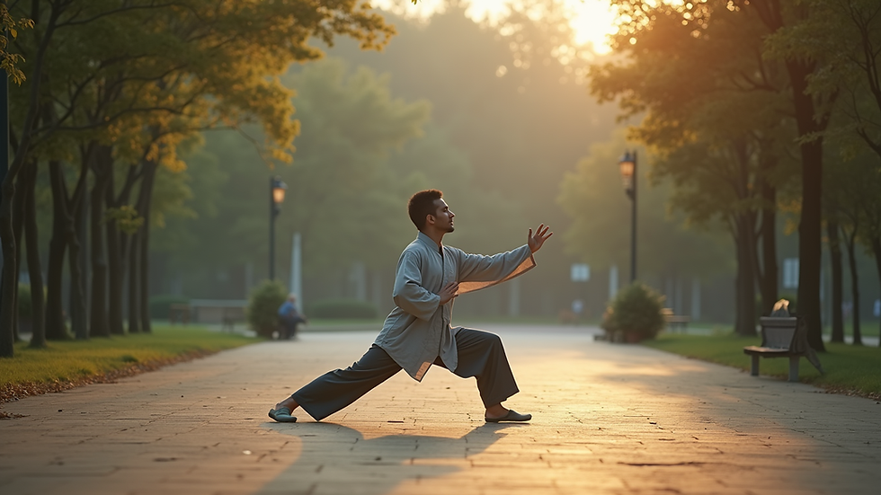 Eye-level view of a person practicing qigong in a peaceful park