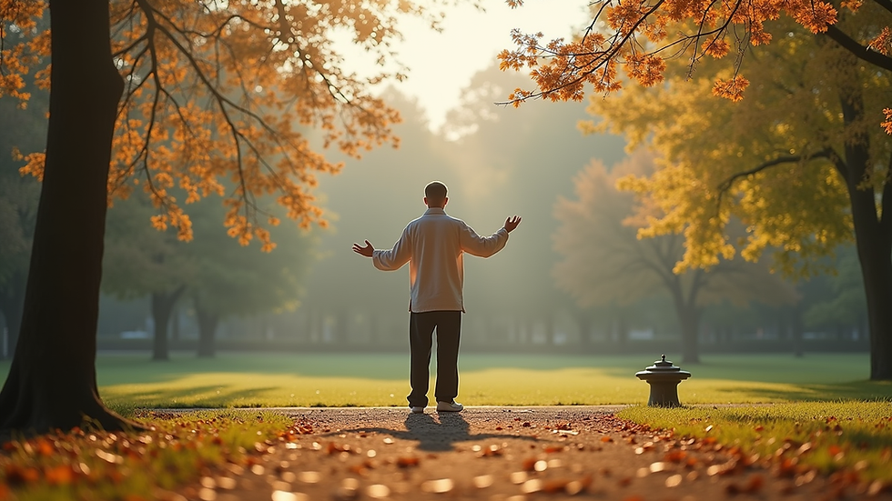 Eye-level view of a peaceful park with a person practicing qigong