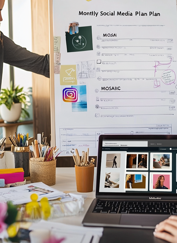 three people overlook a white board and laptop both with lists and visuals showing they are creating a social media cal
endar.