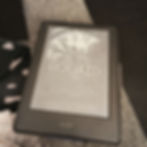 A kindle reads on a grey armchair. The ereader diplays the cover for hooked.