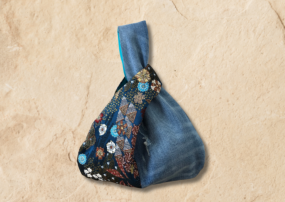 Miniature : Sac japonais à noeud uni jean et tissu jacquard bleu CHANDRA