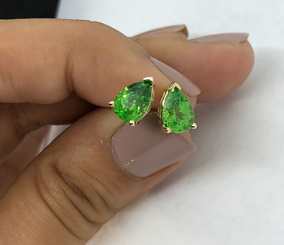 Thumbnail: Tsavorite Garnet Earrings - Green Color - Pear shape- set in 14k Yellow Gold