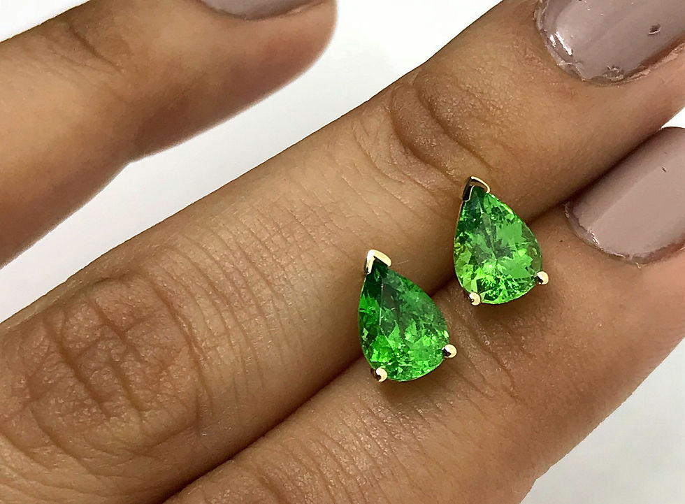 Thumbnail: Tsavorite Garnet Earrings - Green Color - Pear shape- set in 14k Yellow Gold