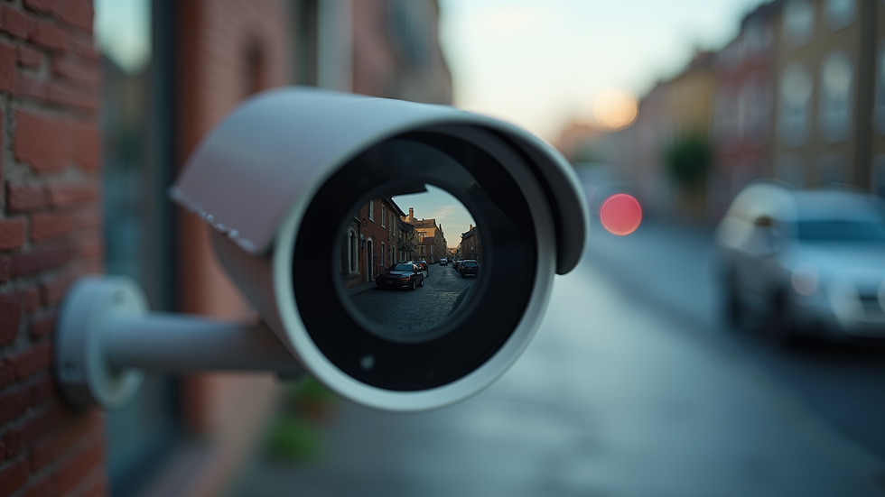 Close-up view of a CCTV camera lens reflecting a residential street
