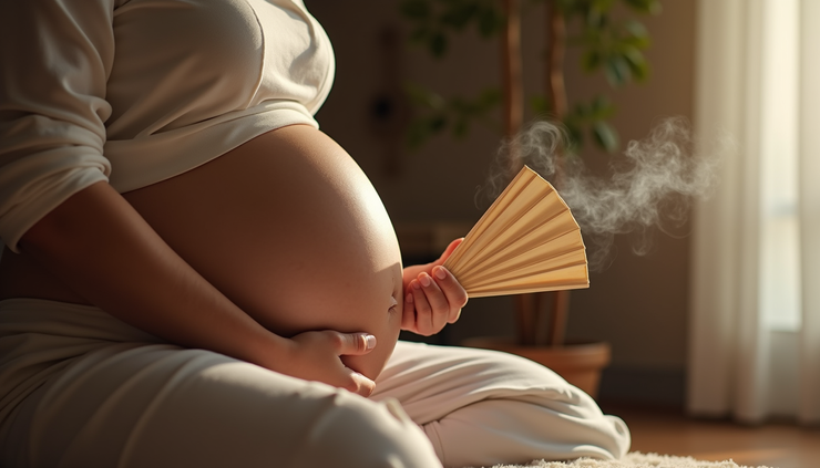 Eye-level view of a pregnant woman using the fan method of moxibustion on her lower back