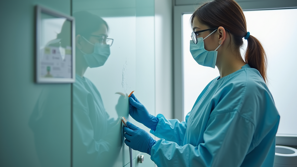 Close-up view of our cleaning staff sanitizing a treatment room